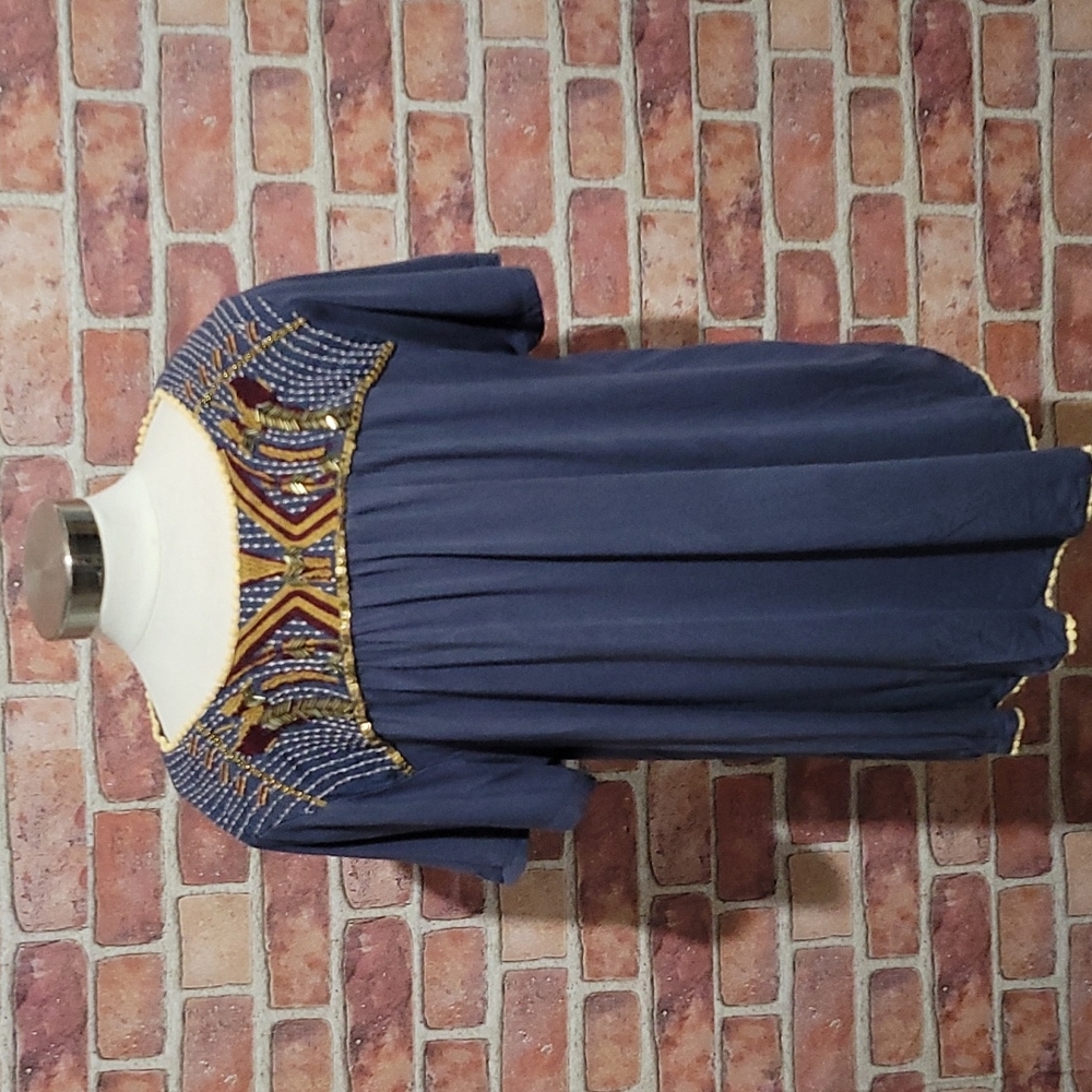 Beaded. Embroidered Blue Loose Top